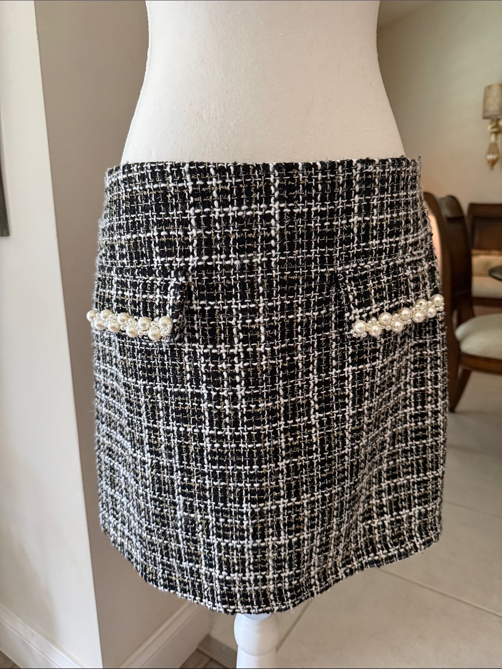 Flying Tomato Black & White Tweed Mini Skirt with Pearl Trim